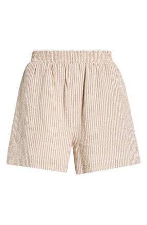 Varley Darina Stripe Stretch Cotton Seersucker Shorts in Birch Taupe Stripe at Nordstrom, Size X-Small