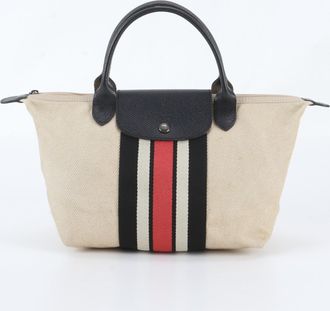 Longchamp Beige Black Leather Canvas Handbag Shoulder Bag Tote Bag (Pre-Owned)