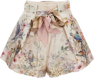 Zimmermann Floral Print Silk-Cotton Blend Tuck Shorts with Removable Scarf Belt