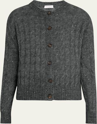 Brunello Cucinelli Mohair Pailette Cable Knit Crewneck Cardigan