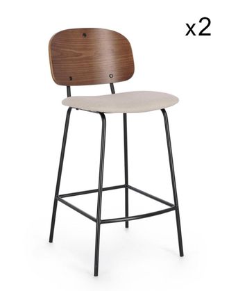 Konte Design Lote de 2 taburetes de tela beige y madera de &aacute;lamo marr&oacute;n