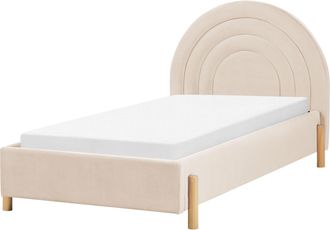 Beliani Cama Con Somier Cabecero Semicircular Tama&ntilde;o Individual 90 X 200 Cm Tapizado Terciopelo Retro Patas Madera Beige Anet
