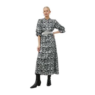 Bruuns Bazaar Jurk met geometrische print en pofmouwen - Dames - Casual kleedjes - Zwart - XS - Kleedjes