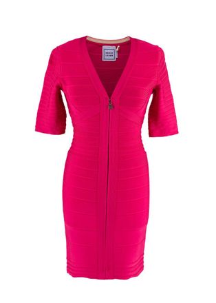 H&eacute;rve L&eacute;ger Pink Stretch Bandage V-Neck Zipped Dress Size S