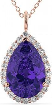 Allurez Halo Tanzanite & Diamond Pear Shaped Pendant Necklace 14k Rose Gold (8.34ct)