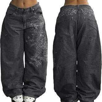 Generic Y2k Jeans Women Men Hip Hop Goth Street Jeans with Skeleton Print Vintage High Waist Denim Wide Leg Pants Street Wear (Color-3,S)