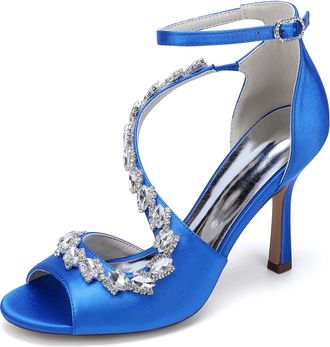 Generic Womens High Heels Satin Bridal Shoes Stiletto Sandals Dress Wedding Heel Formal Evening Shoes Rhinestone 9.5Cm,Royal Blue,10 UK
