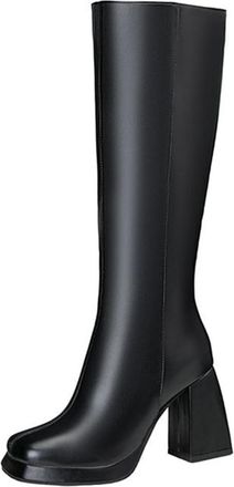 Generic Womens Fashion Square Toe Knee High Boots with Side Zipper Platform Chunky Heel Winter Shoes for Party Outdoor (Black,7.5)