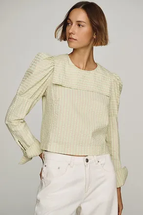 Maeve Puff-Sleeve Seersucker Blouse