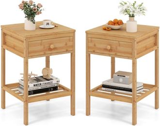 Costway 2 Pcs Bamboo Nightstand Bedside Table with Storage Drawer-Natural