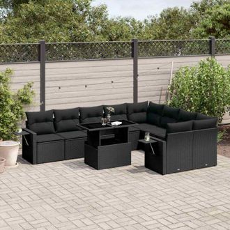 vidaXL Set De Sof&aacute;s De Jard&iacute;n 10 Pzas Cojines Rat&aacute;n Sint&eacute;tico Negro
