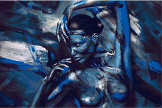 Schubiger M&ouml;bel Digitaldruck auf Glas Akt in Blau K&ouml;rperbemalung 1