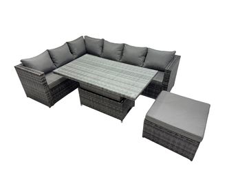 Fimous 7-seater Rattan Garden Furniture Dining Set with Big Stool in Dark Grey