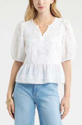 Treasure & Bond Cutwork Puff Sleeve Cotton Top in White at Nordstrom, Size Xx-Large
