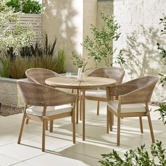 Furniturebox Tari + Asa Wood Round Table & 4 Chairs Outdoor Dining Set in Light Brown