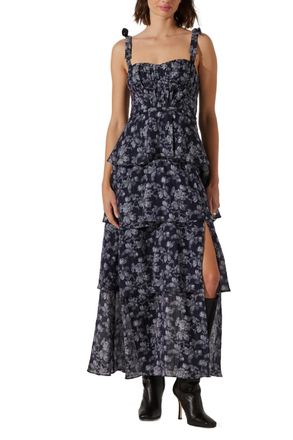 Astr Mellorie Floral Tiered Maxi Dress In Navy Grey Floralcolor