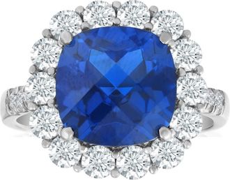Pompeii3 6 1/2 Ct Diamond Halo Created Sapphire Ring 10k White Gold Lab Grown