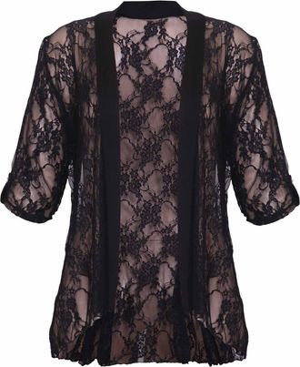 Purple Hanger Womens Floral Lace Short Turn Up Cuff Sleeve Ladies Waterfall Front Open Cardigan Top Plus Size Black Size 26 - 28
