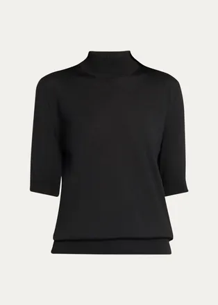 The Row Quser Mock-Neck Fine Wool Elbow-Sleeve Top