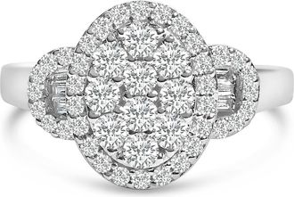 House of Brilliance 10K White Gold 1.0 Cttw Diamond Oval Cluster with Halo Vintage-Inspired Ring at Nordstrom, Size 7.25