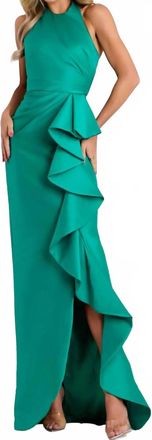 Jovani Halter Neck Gown With Cascading Ruffle Detail In Emerald Green