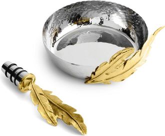 Michael Aram Gold Feather Coaster & Wine Stopper Set