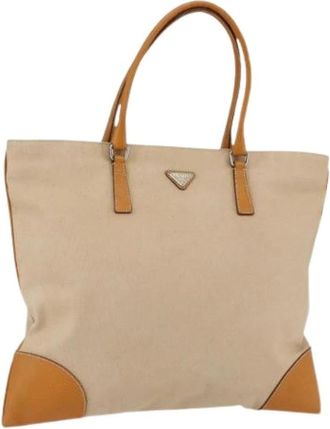Prada Pre-owned Tote Bags, female, Beige, Size: ONE SIZE Pre-owned Canvas Tote Bag