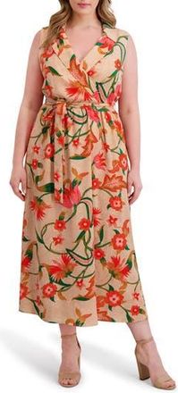 Kensie Tie Waist Textured Midi Dress in Beige Multi at Nordstrom Rack, Size 3X