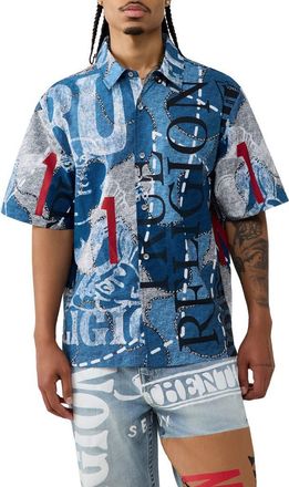 True Religion Cotton Poplin Short Sleeve Shirt in Indigo Natural Red Aop at Nordstrom, Size Xxx-Large