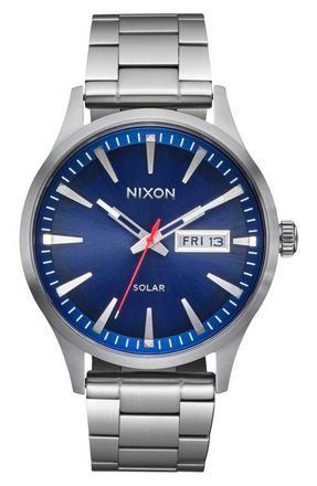Nixon Sentry Solar Leather Strap Watch, 40mm in Navy Sunray /Silver at Nordstrom