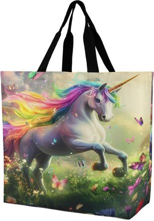 Generic Colorful Rainbow Horse Butterfly Large Reusable Shopping Bag Lightweight Foldable Tote Bags Washable Shoulder Handbag