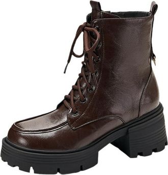 Generic Womens Combat Boots Round Toe Chunky Block Heels Lace Up Side Zip Leather Soft Upper Cushioned Insole Comfortable Non Slip Wear Resistant Casual Daily