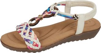Jo & Joe Ladies Beaded T-bar Low Wedge Sandals - Marrakesh (White, UK Footwear Size System, Adult, Women, Numeric, Medium, 5)