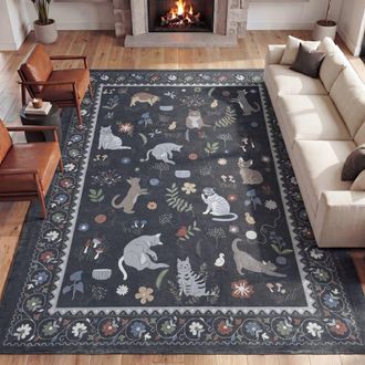 Jonathan Y Designs Catmosphere Festive Feline Floral Border Non-Slip Machine-Washable Rug in Charcoal at Nordstrom, Size 2Ft 0In X 8Ft 0In