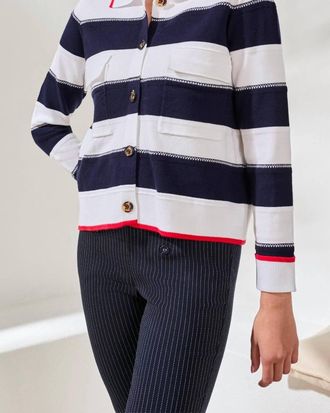 Tribal Double Knit Button-Front Stripe Cardigan In Jet Blue