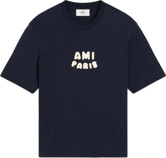 Ami T-Shirts, male, Blue, Size: S Blue Logo Patch Crew Neck T-shirt