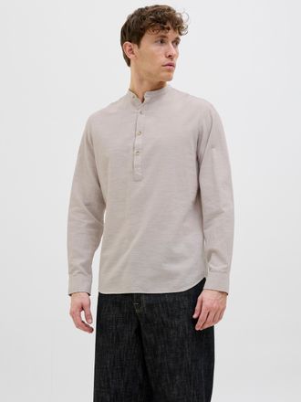 Jack & Jones Langarmhemd JACK & JONES JJESUMMER HALF PLACKET SHIRT LS SN, Herren, Gr. S, N-Gr, beige (crockery), Web, Obermaterial: 83% Baumwolle, 17% Leinen, unif