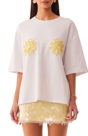 SNDYS Mai Tai Cord Embellished Floral Stretch Cotton T-Shirt in Yellow Floral at Nordstrom, Size X-Small