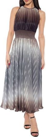 OLEG CASSINI Ombr&eacute; Smocked Waist Pleated Midi Dress in Black/Silver at Nordstrom Rack, Size X-Large