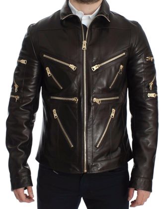 Dolce & Gabbana Mens Leather Jacket Multizip Detail - Dark Grey - Size EU 48 (Mens)