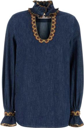 Valentino Garavani Geborduurde Chambray Denim Top - Dames - Blouses - Blauw - XS - Denim - Overhemden