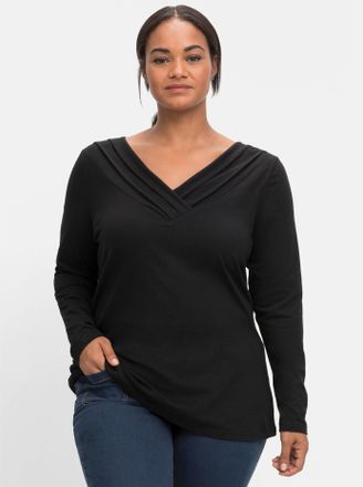 Sheego Langarmshirt SHEEGO BY JOE BROWNS Langarmshirt, Damen, Gr. 40/42, schwarz, 95% Baumwolle, 5% Elasthan, unifarben, V-Ausschnitt, Shirts Langarmshirt