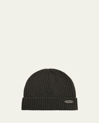Brioni Mens Cashmere Rib Leather-Label Beanie Hat