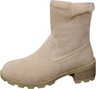 Generic Womens Ankle Boots Heels Slip On Suede Booties Plush Fleece Pointed Toe Non-Slip Ankle Boots Low Cut Retro Pure Colour Ladies Winter Shoe Dress Party 