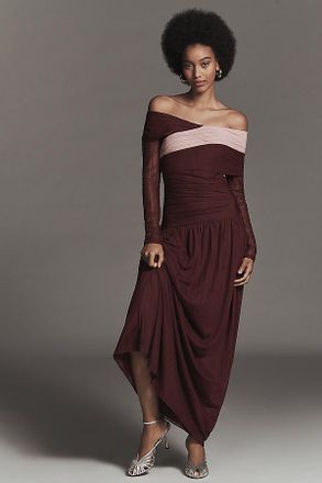 Sovere Cascade Long-Sleeve Off-Shoulder Mesh Maxi Dress