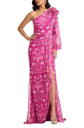 Tadashi Shoji Print One-Shoulder Gown in Magenta/Multi at Nordstrom, Size 12
