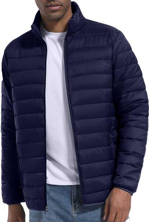 Generic Mens Padded Jacket Oversized Packable Lightweight Long Sleeve Warm Puffer Coats Winter Thermal Ski Hiking Travel Windbreaker Overcoats Navy,L