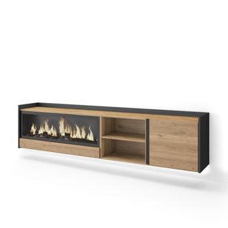Skraut Home Mueble tv efecto madera roble negro 212x35x50cm chimenea efecto fuego