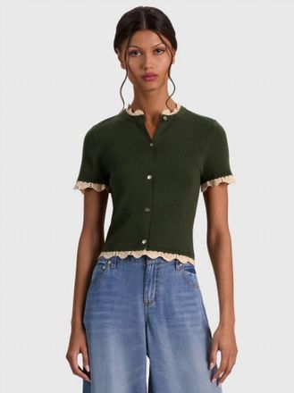 Alice & Olivia Ciara Lace Trim Cardigan In Dark Fern/natural