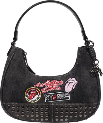 THE ROLLING STONES Patch Black Denim Small Hobo Bag - Studded Trim, Embroidered Tongue Logo & Charm Detail